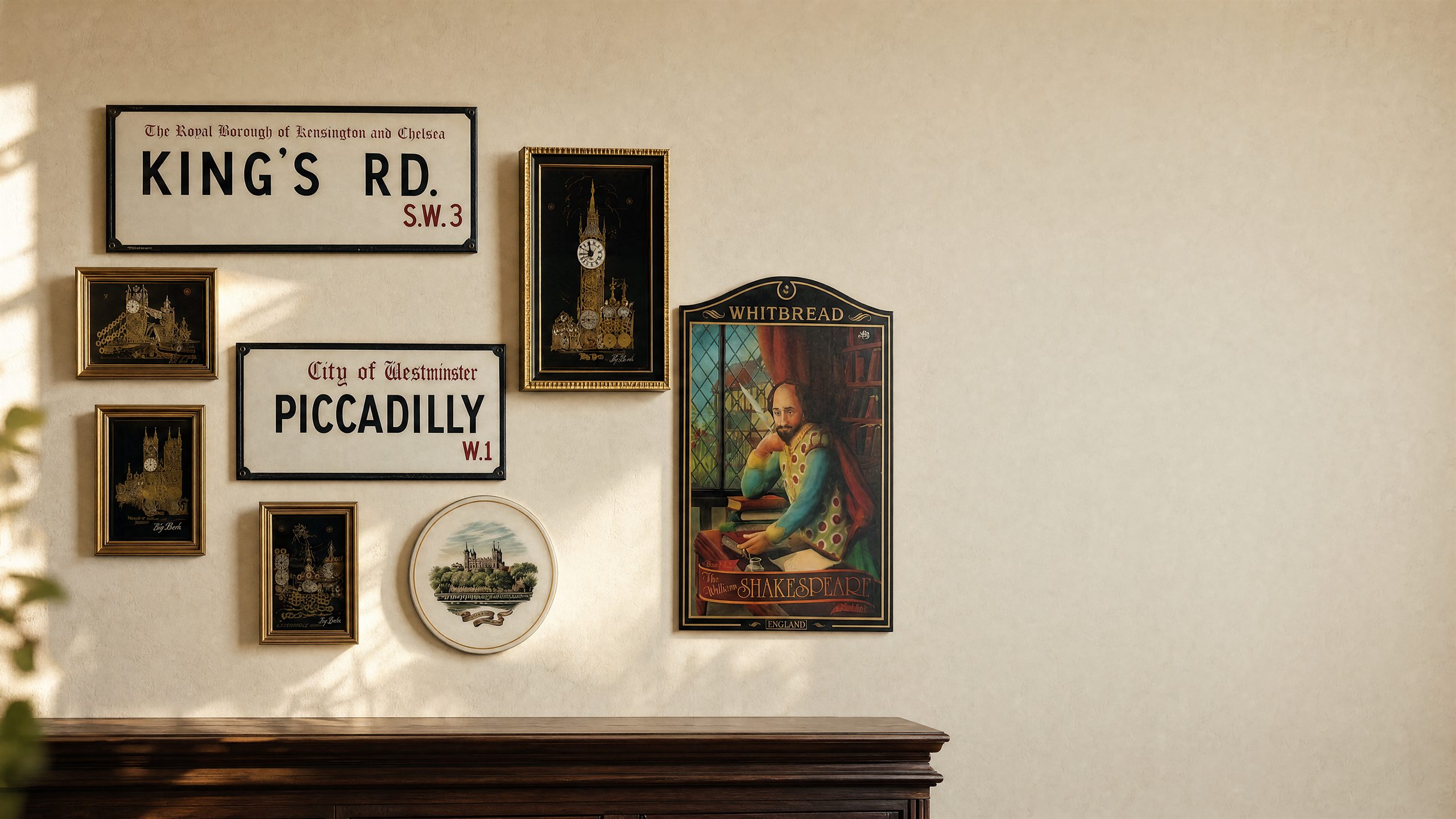 Parete del negozio Cimèlio a Catania: insegne smaltate King's Road e Piccadilly, quadretti dorati, un piatto decorativo e il poster Whitbread di Shakespeare, su muro color avorio sopra una credenza in legno scuro