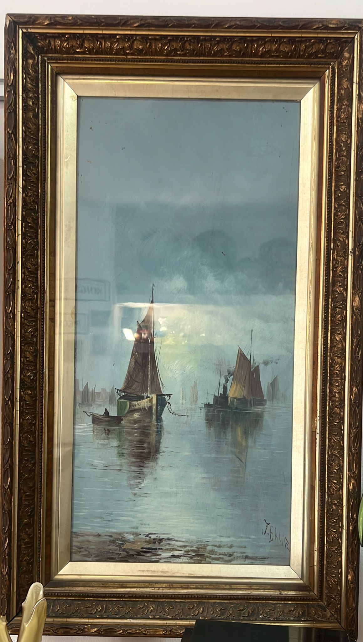 Marina al tramonto, olio in cornice dorata